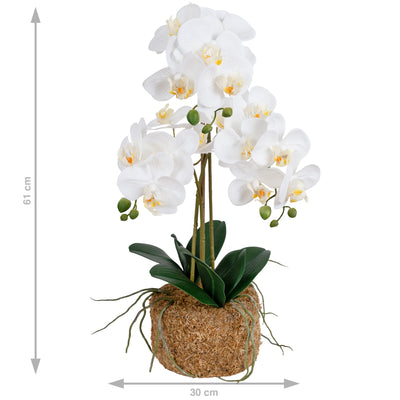 Orhidee artificiala alba cu aspect natural H61 cm cu 3 tulpini