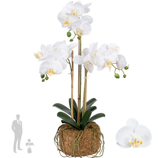 Orhidee artificiala alba cu aspect natural H61 cm cu 3 tulpini fixate pe 3 tutori de bambus natural. cu 19 flori. 9 boboci si 8 frunze