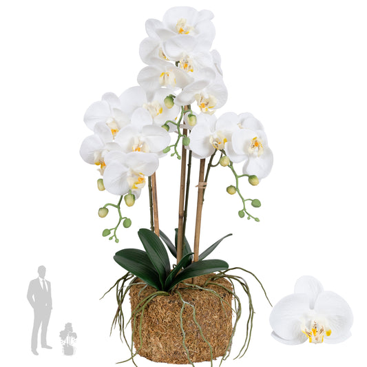 Orhidee artificiala alba cu aspect natural H61 cm cu 3 tulpini si 20 de flori cu 3 bete de bambus