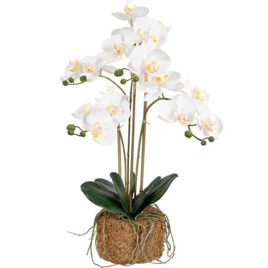 Orhidee artificiala alba cu aspect natural H61 cm cu 3 tulpini si 4 ramuri cu 3 bete de bambus