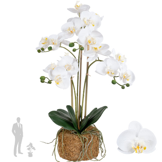Orhidee artificiala alba cu aspect natural H61 cm cu 3 tulpini si 4 ramuri cu 3 bete de bambus