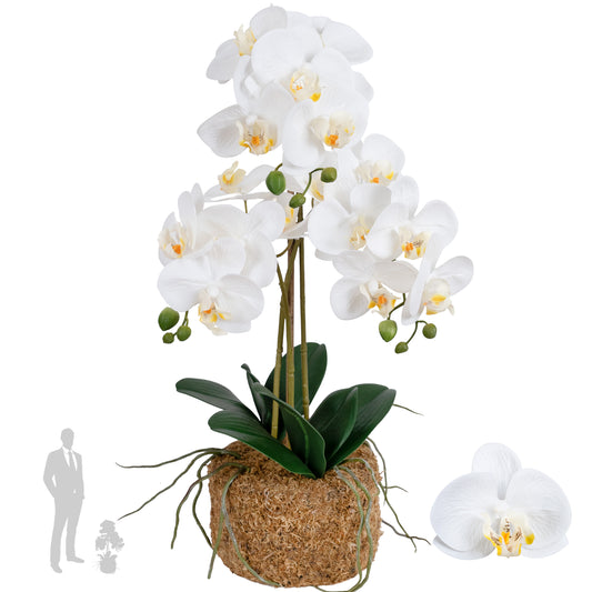 Orhidee artificiala alba cu aspect natural H61 cm cu 3 tulpini si un bat de bambus