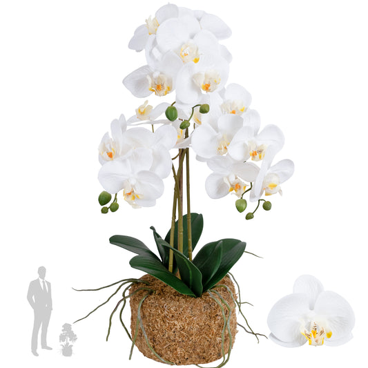 Orhidee artificiala alba cu aspect natural H61 cm cu 3 tulpini si un bat de bambus