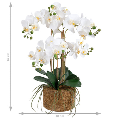 Orhidee artificiala alba cu aspect natural H62 cm cu 6 tulpini