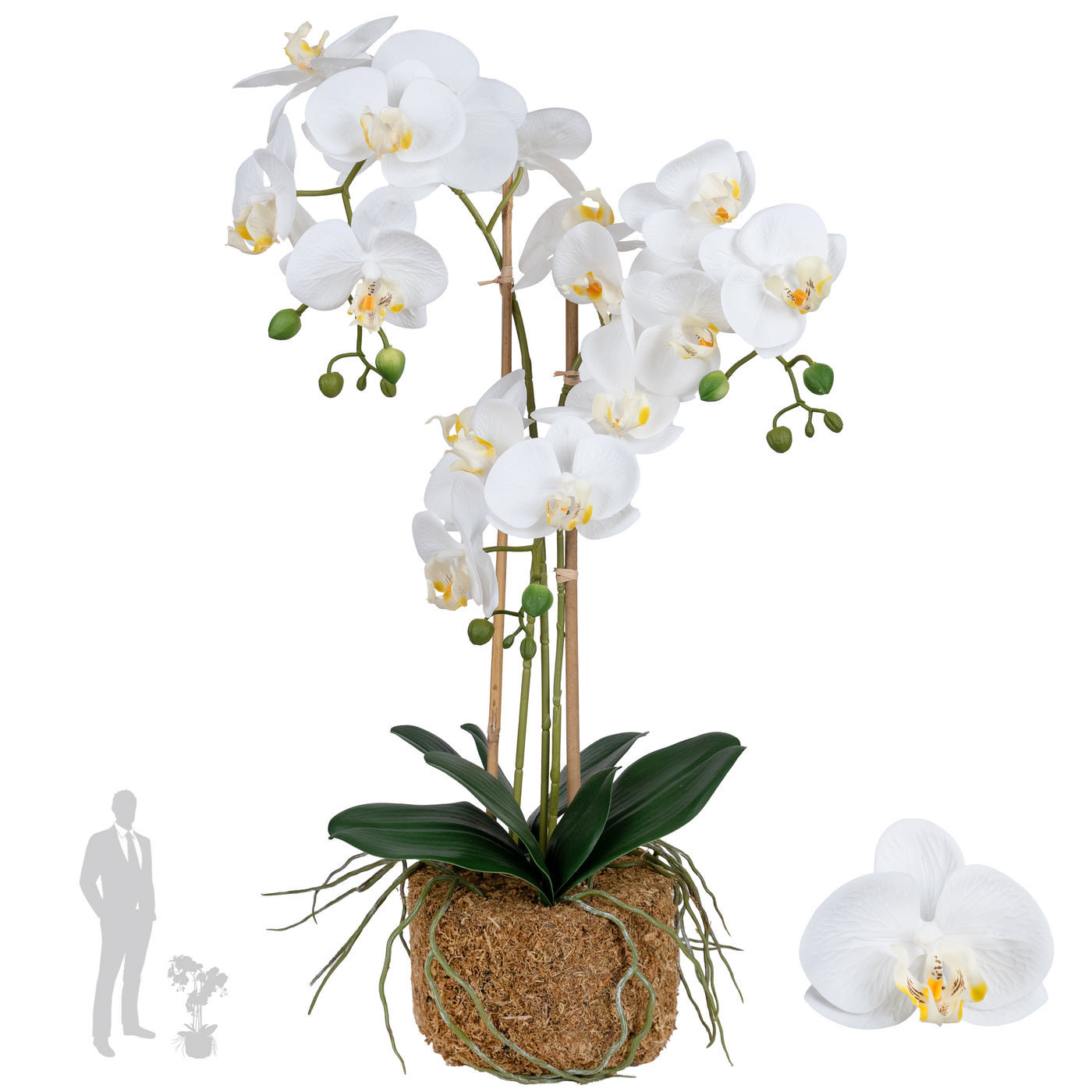 Orhidee artificiala alba cu aspect natural H64 cm cu 3 tulpini