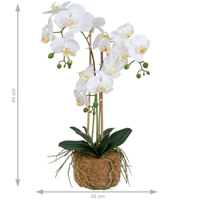 Orhidee artificiala alba cu aspect natural H64 cm cu 3 tulpini