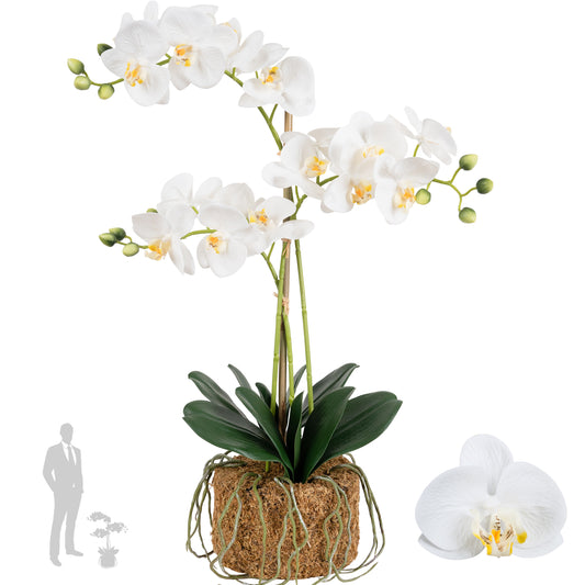 Orhidee artificiala alba cu aspect natural H64 cm cu 3 tulpini