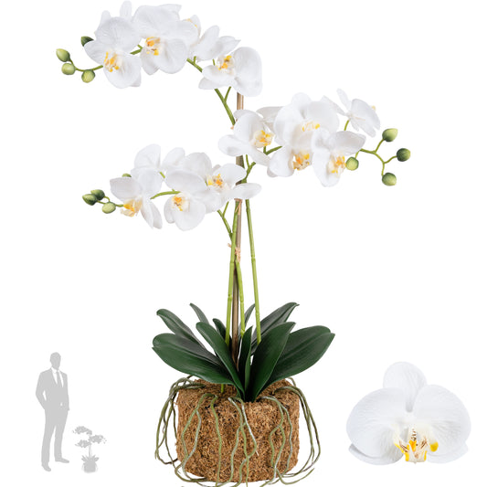 Orhidee artificiala alba cu aspect natural H64 cm cu 3 tulpini