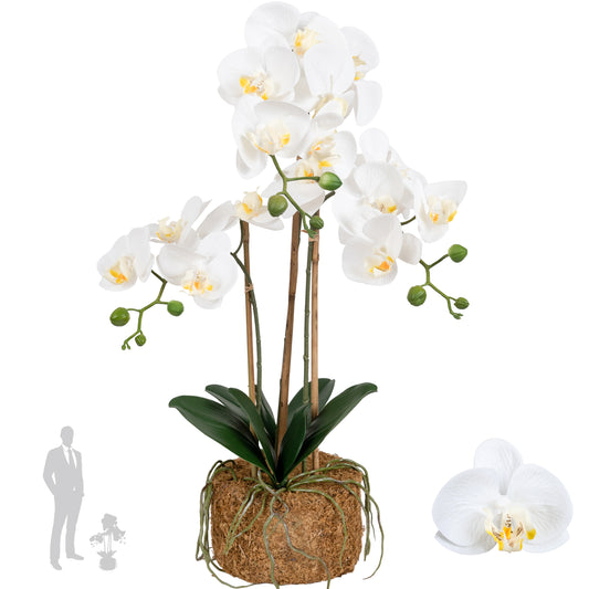 Orhidee artificiala alba cu aspect natural H65 cm cu 3 tulpini