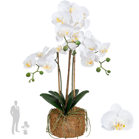 Orhidee artificiala alba cu aspect natural H65 cm cu 3 tulpini