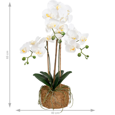 Orhidee artificiala alba cu aspect natural H65 cm cu 3 tulpini