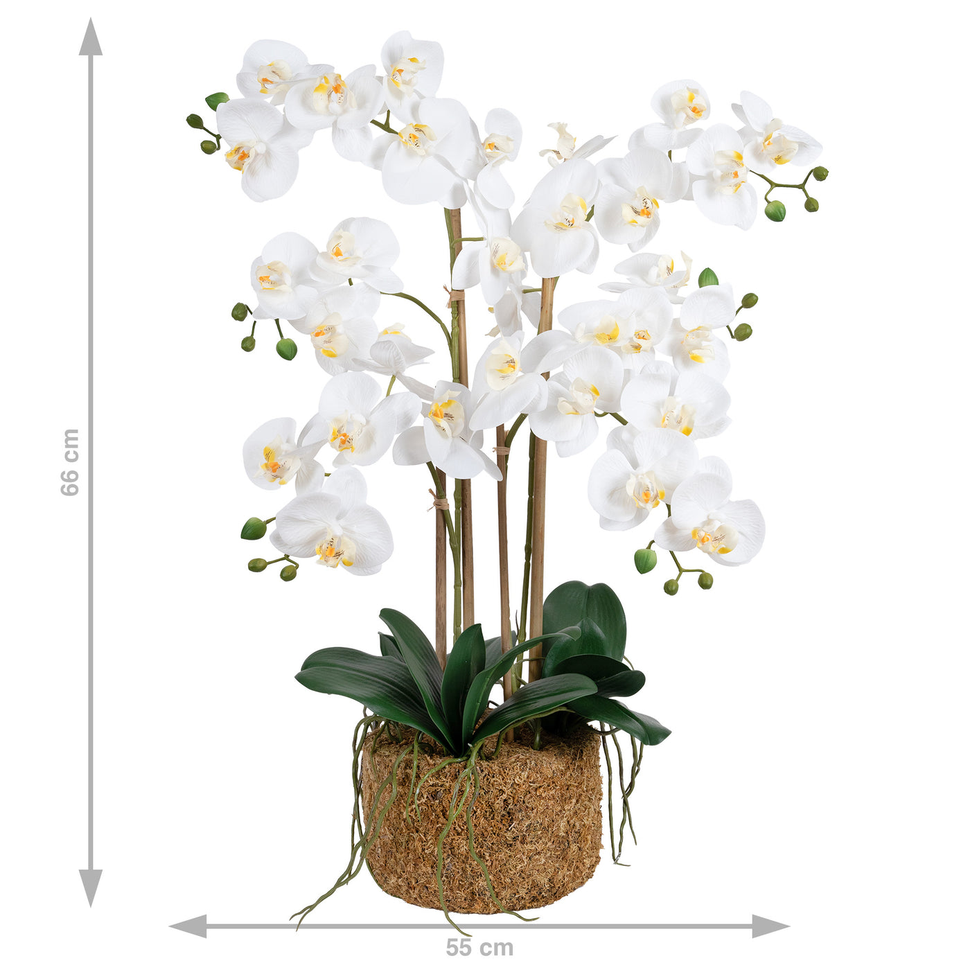 Orhidee artificiala alba cu aspect natural H66 cm cu 4 tulpini