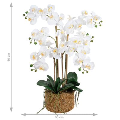 Orhidee artificiala alba cu aspect natural H66 cm cu 4 tulpini