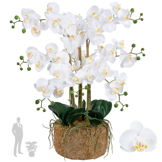 Orhidee artificiala alba cu aspect natural H66 cm cu 9 tulpini