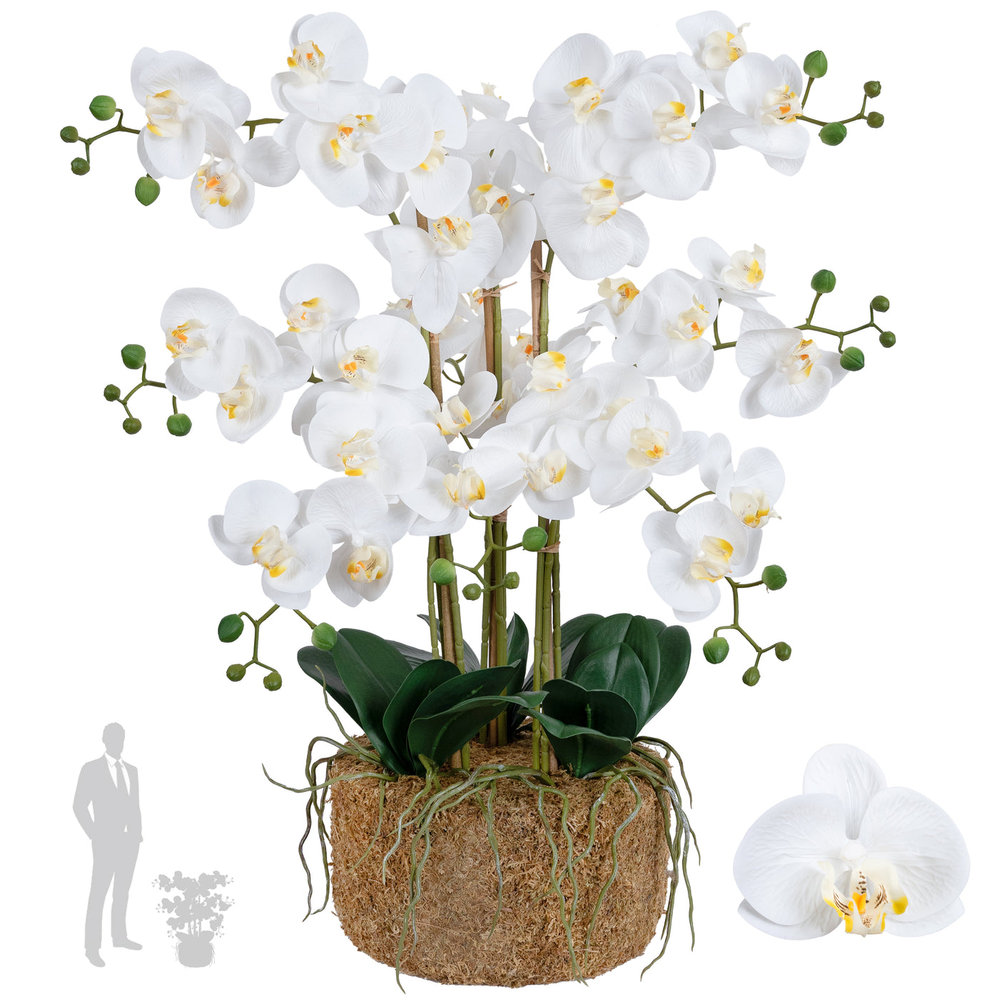 Orhidee artificiala alba cu aspect natural H66 cm cu 9 tulpini