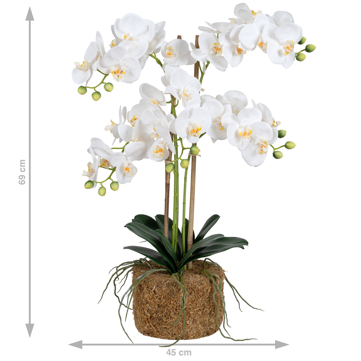 Orhidee artificiala alba cu aspect natural H69 cm cu 5 tulpini