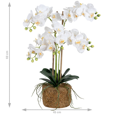 Orhidee artificiala alba cu aspect natural H69 cm cu 5 tulpini