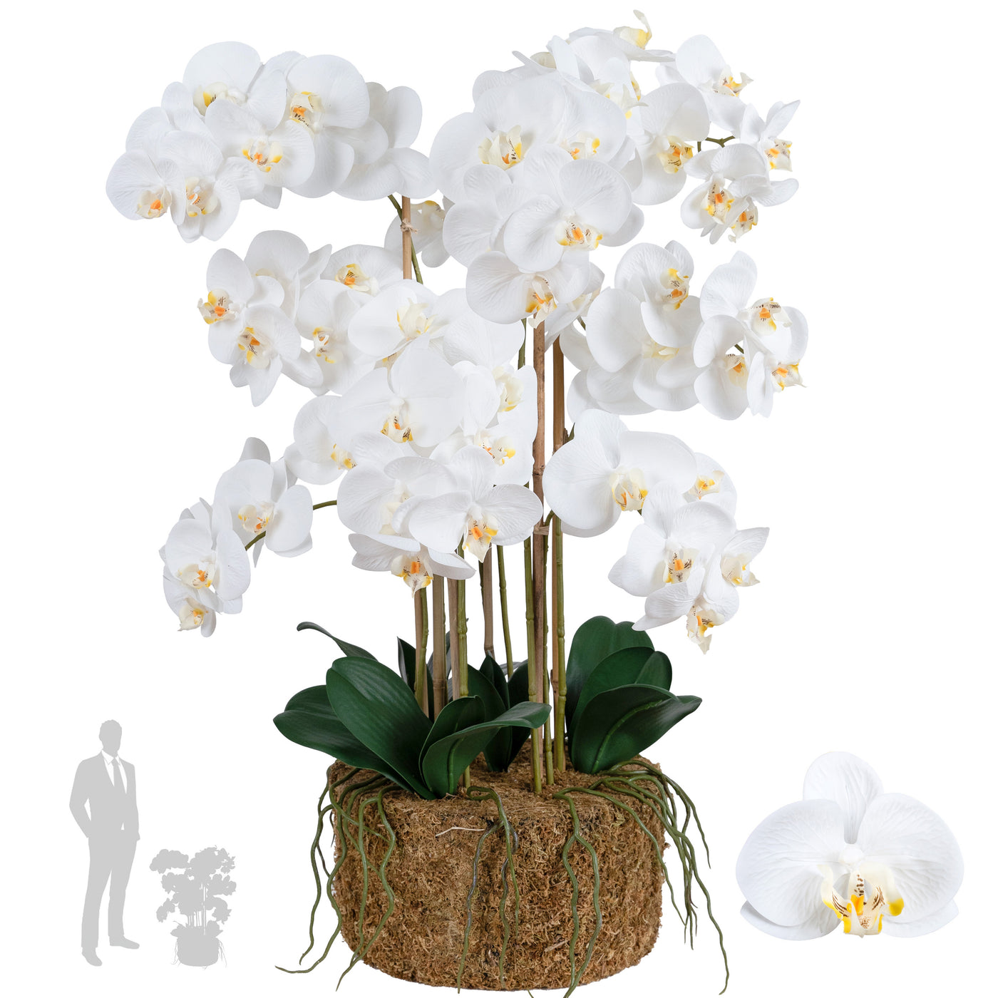 Orhidee artificiala alba cu aspect natural H80 cm cu 9 tulpini