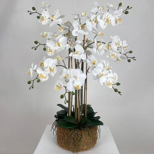 Orhidee artificiala alba cu aspect natural H85 cm cu 8 tulpini