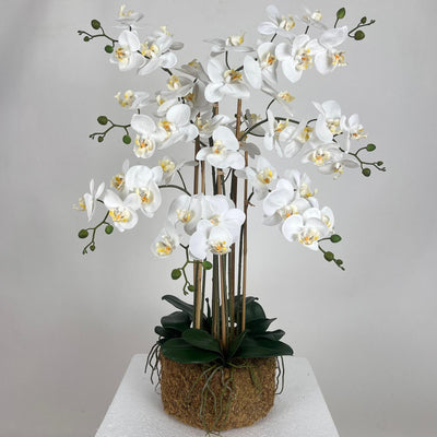 Orhidee artificiala alba cu aspect natural H85 cm cu 8 tulpini