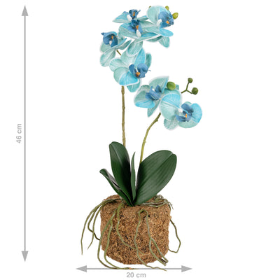 Orhidee artificiala albastru turquoise cu aspect natural H46 cm cu 2 tulpini