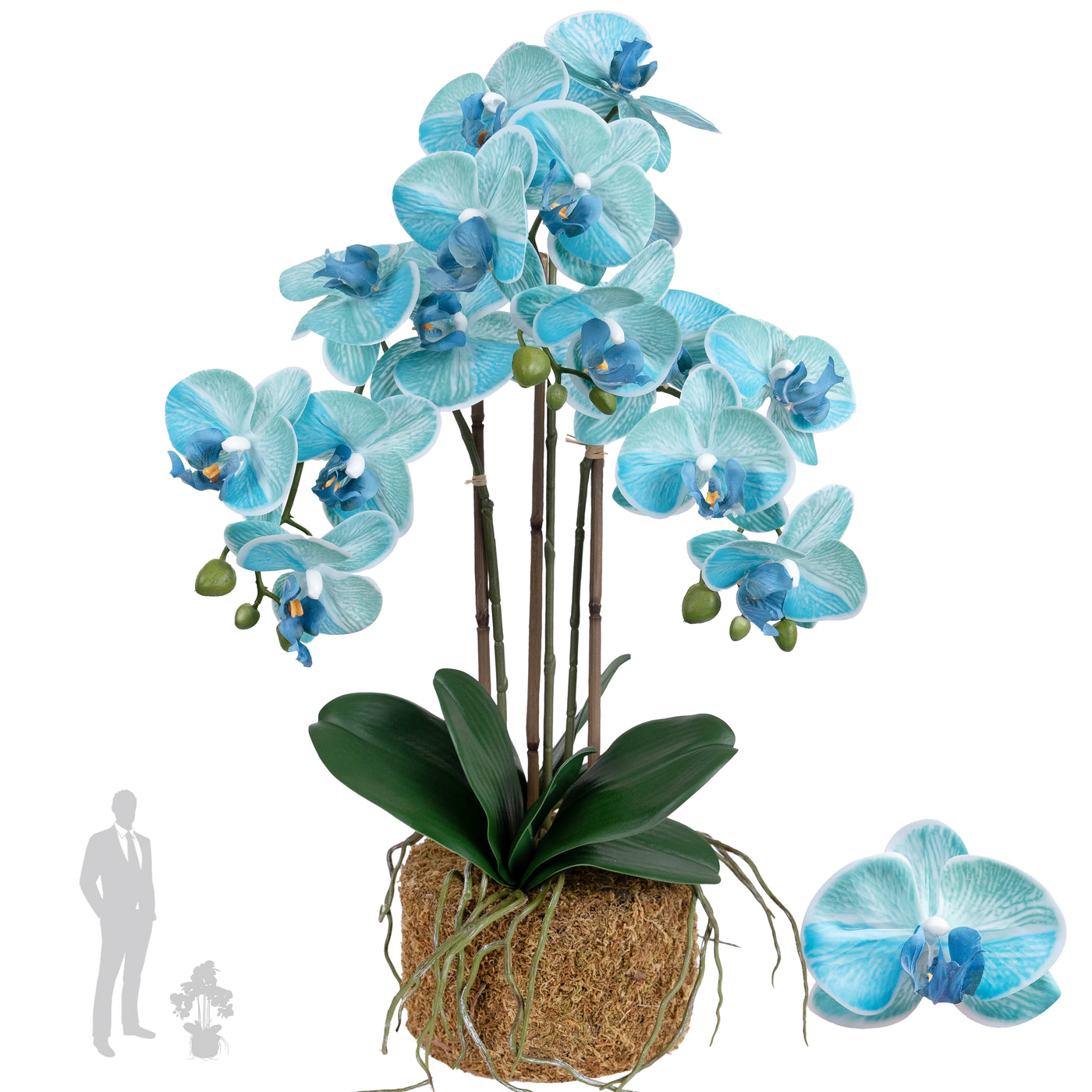 Orhidee artificiala albastru turquoise cu aspect natural H58 cm cu 3 tulpini