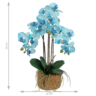 Orhidee artificiala albastru turquoise cu aspect natural H58 cm cu 3 tulpini
