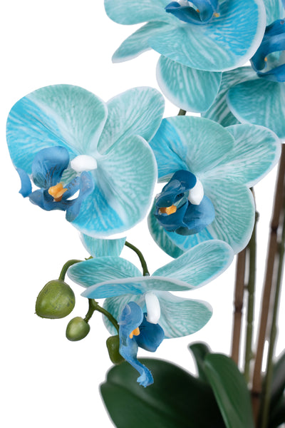 Orhidee artificiala albastru turquoise cu aspect natural H58 cm cu 3 tulpini