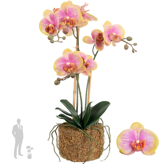 Orhidee artificiala galben cu roz cu aspect natural H53 cm cu 3 tulpini