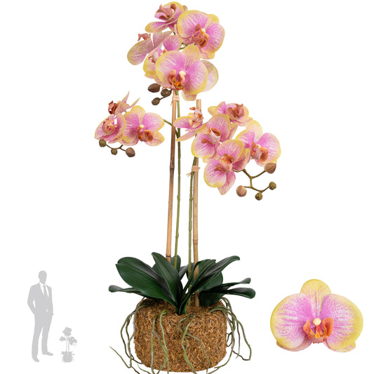 Orhidee artificiala galben cu roz cu aspect natural H64 cm cu 2 tulpini