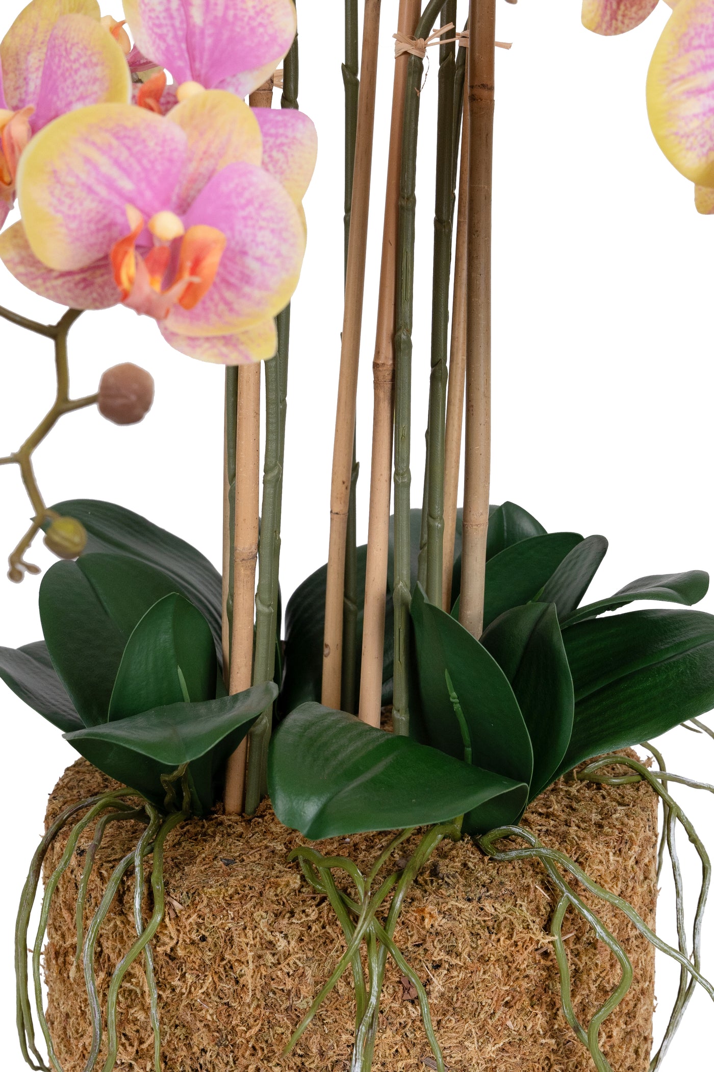 Orhidee artificiala galben cu roz cu aspect natural H85 cm cu 8 tulpini