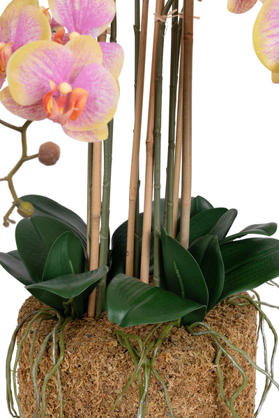 Orhidee artificiala galben cu roz cu aspect natural H85 cm cu 8 tulpini