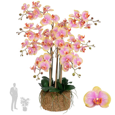 Orhidee artificiala galben cu roz cu aspect natural H85 cm cu 8 tulpini