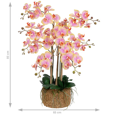 Orhidee artificiala galben cu roz cu aspect natural H85 cm cu 8 tulpini