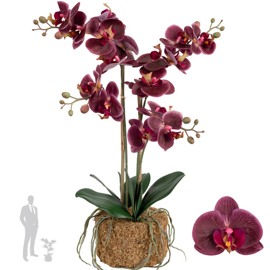 Orhidee artificiala grena cu aspect natural H59 cm cu 3 tulpini
