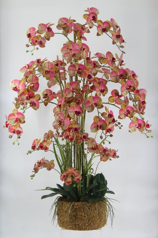 Orhidee artificiala grena cu galben cu aspect natural H120 cm cu 21 tulpini