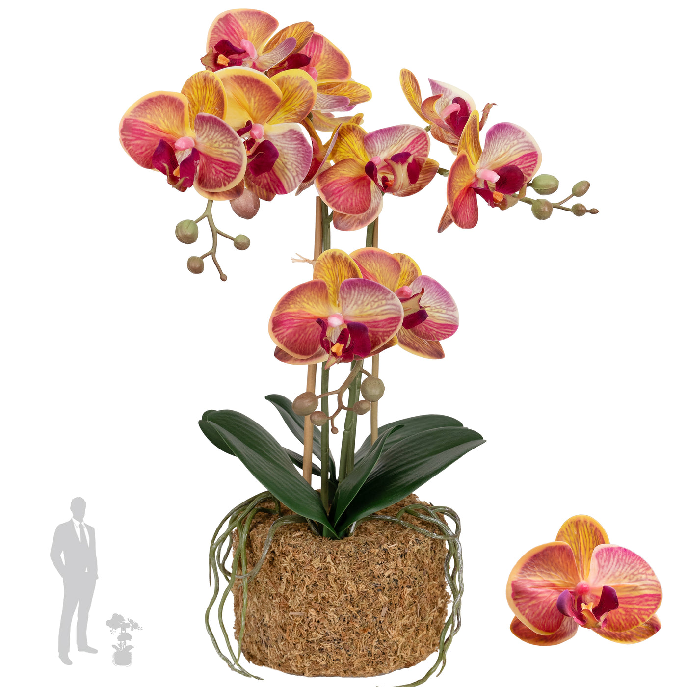 Orhidee artificiala grena cu galben cu aspect natural H49 cm cu 3 tulpini