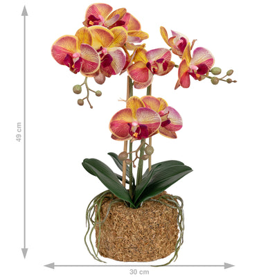 Orhidee artificiala grena cu galben cu aspect natural H49 cm cu 3 tulpini