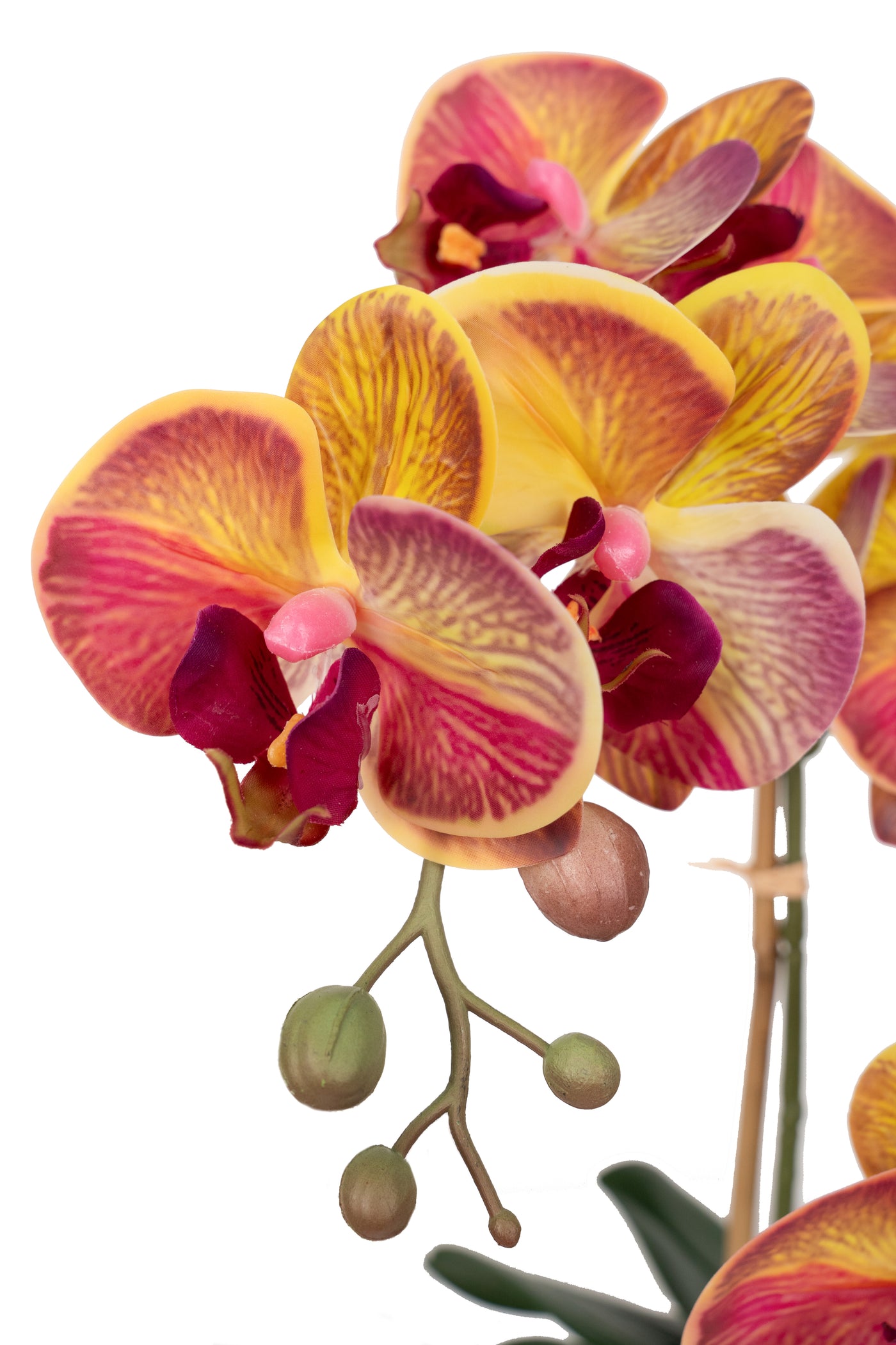 Orhidee artificiala grena cu galben cu aspect natural H49 cm cu 3 tulpini