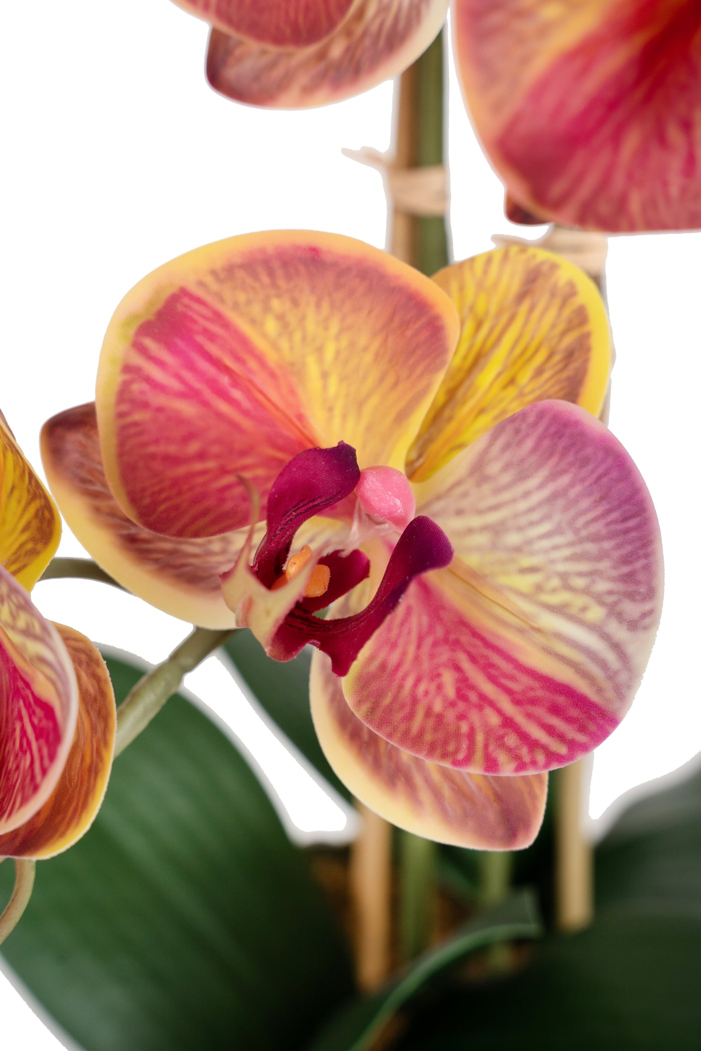 Orhidee artificiala grena cu galben cu aspect natural H49 cm cu 3 tulpini