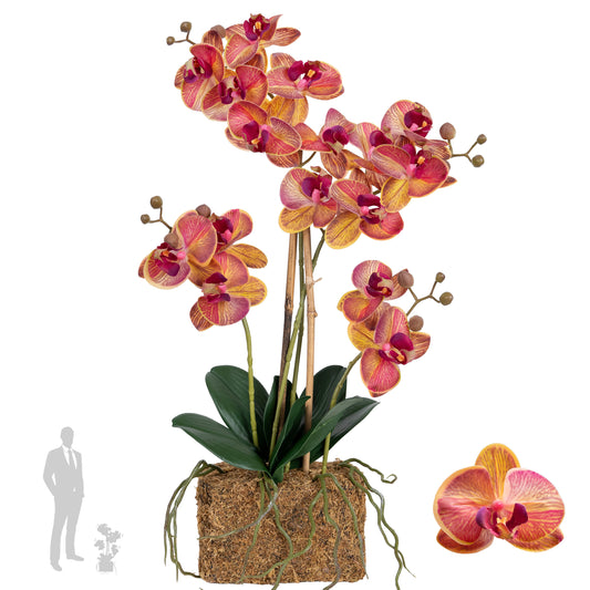 Orhidee artificiala grena cu galben cu aspect natural H55 cm cu 4 tulpini