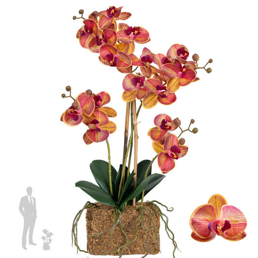 Orhidee artificiala grena cu galben cu aspect natural H55 cm cu 4 tulpini