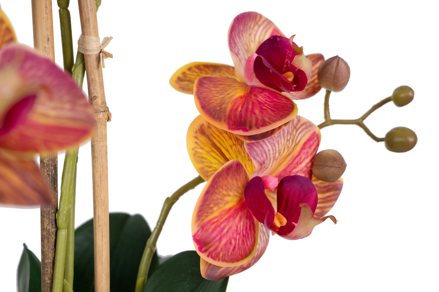 Orhidee artificiala grena cu galben cu aspect natural H55 cm cu 4 tulpini