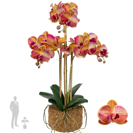 Orhidee artificiala grena cu galben cu aspect natural H61 cm cu 3 tulpini