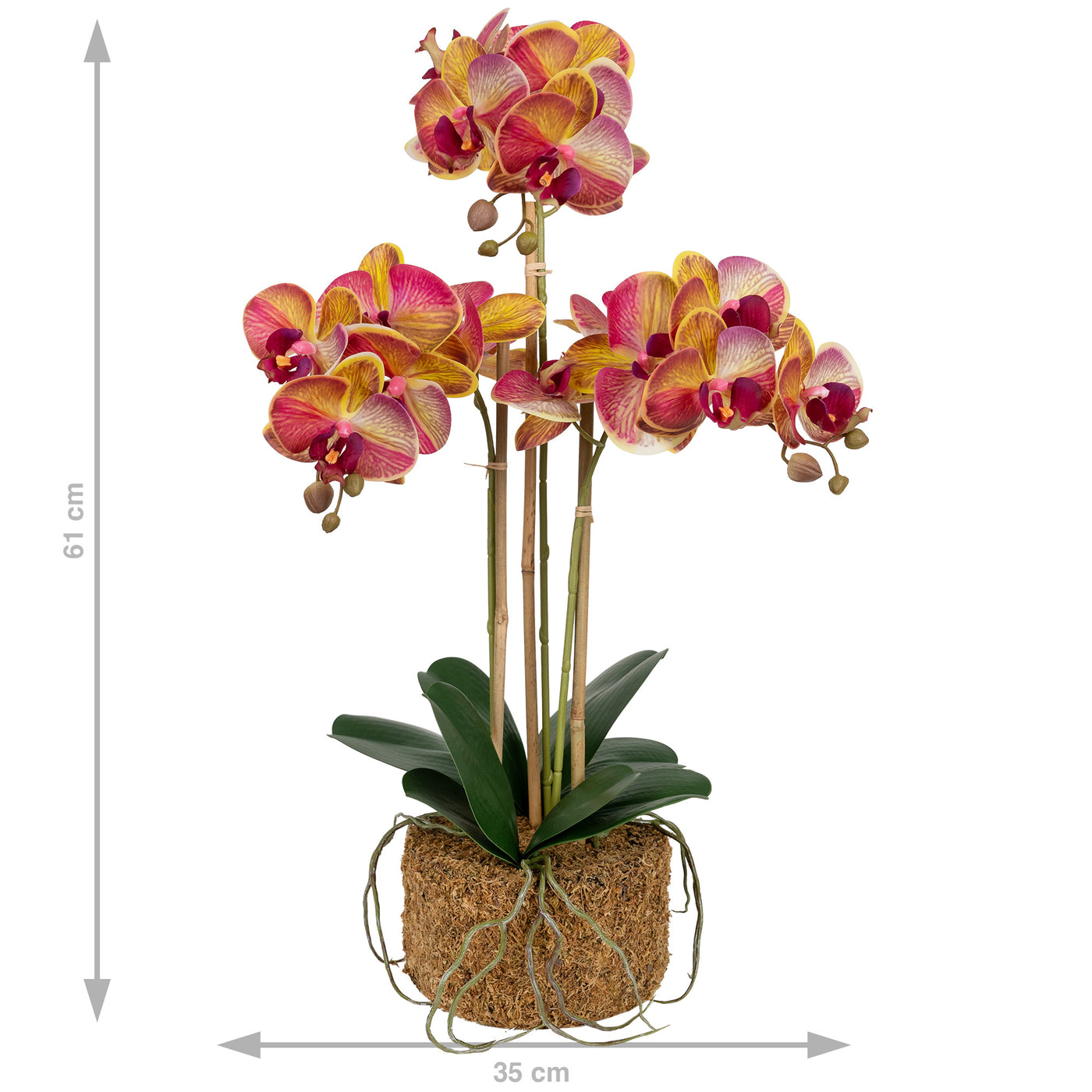 Orhidee artificiala grena cu galben cu aspect natural H61 cm cu 3 tulpini