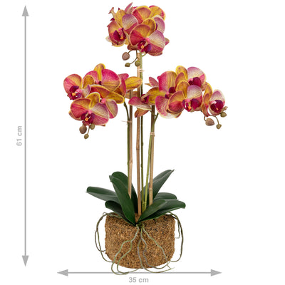 Orhidee artificiala grena cu galben cu aspect natural H61 cm cu 3 tulpini