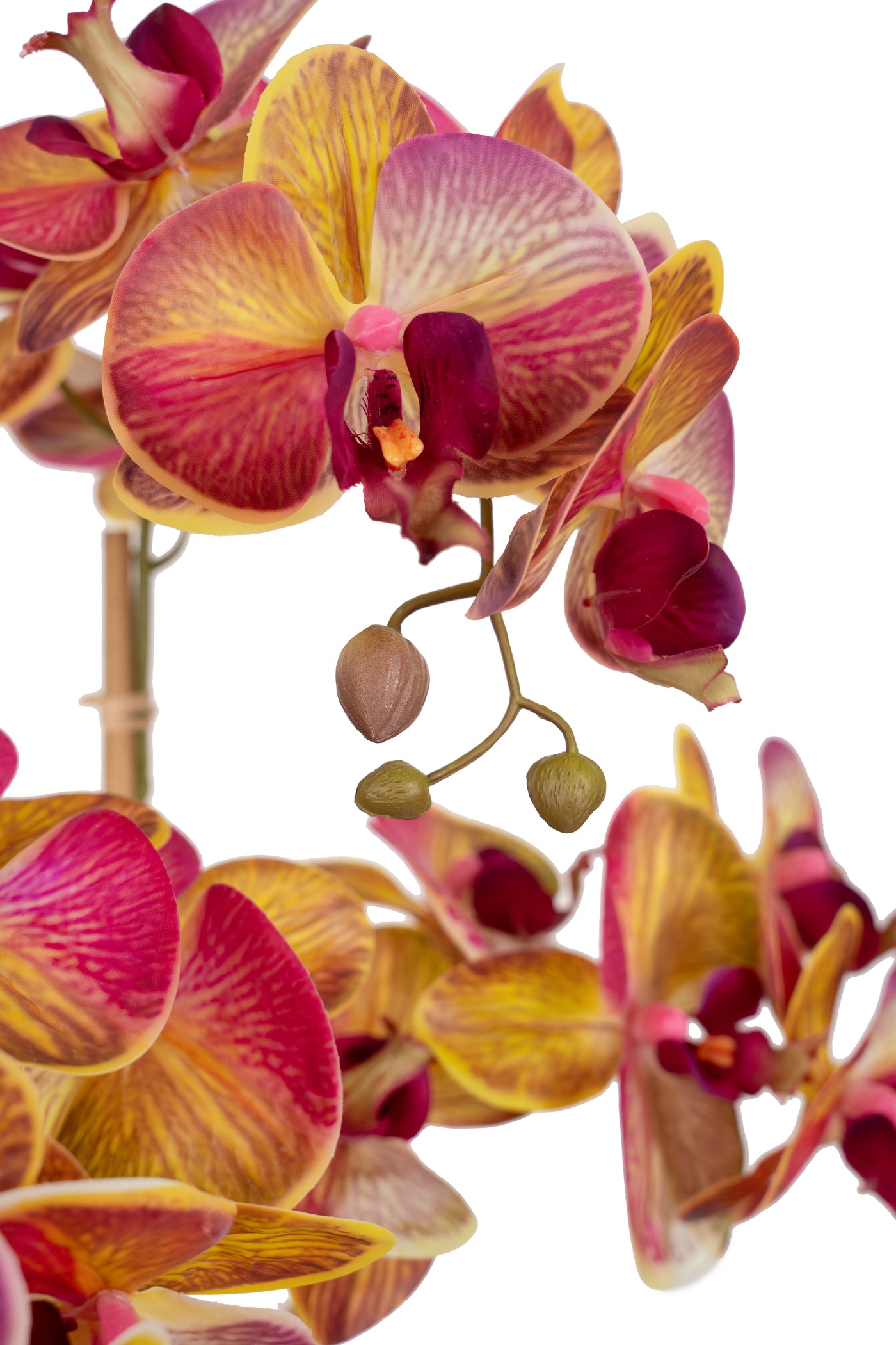 Orhidee artificiala grena cu galben cu aspect natural H61 cm cu 3 tulpini