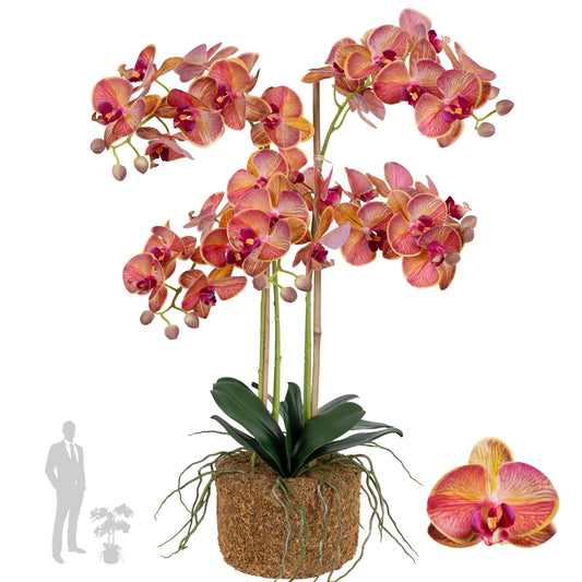 Orhidee artificiala grena cu galben cu aspect natural H69 cm cu 5 tulpini