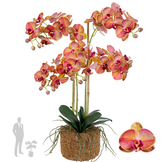 Orhidee artificiala grena cu galben cu aspect natural H69 cm cu 5 tulpini