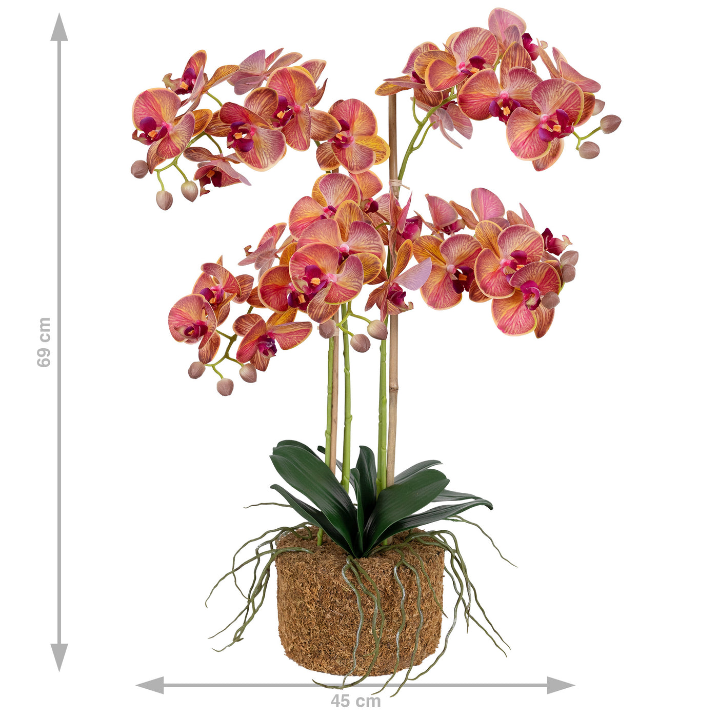 Orhidee artificiala grena cu galben cu aspect natural H69 cm cu 5 tulpini